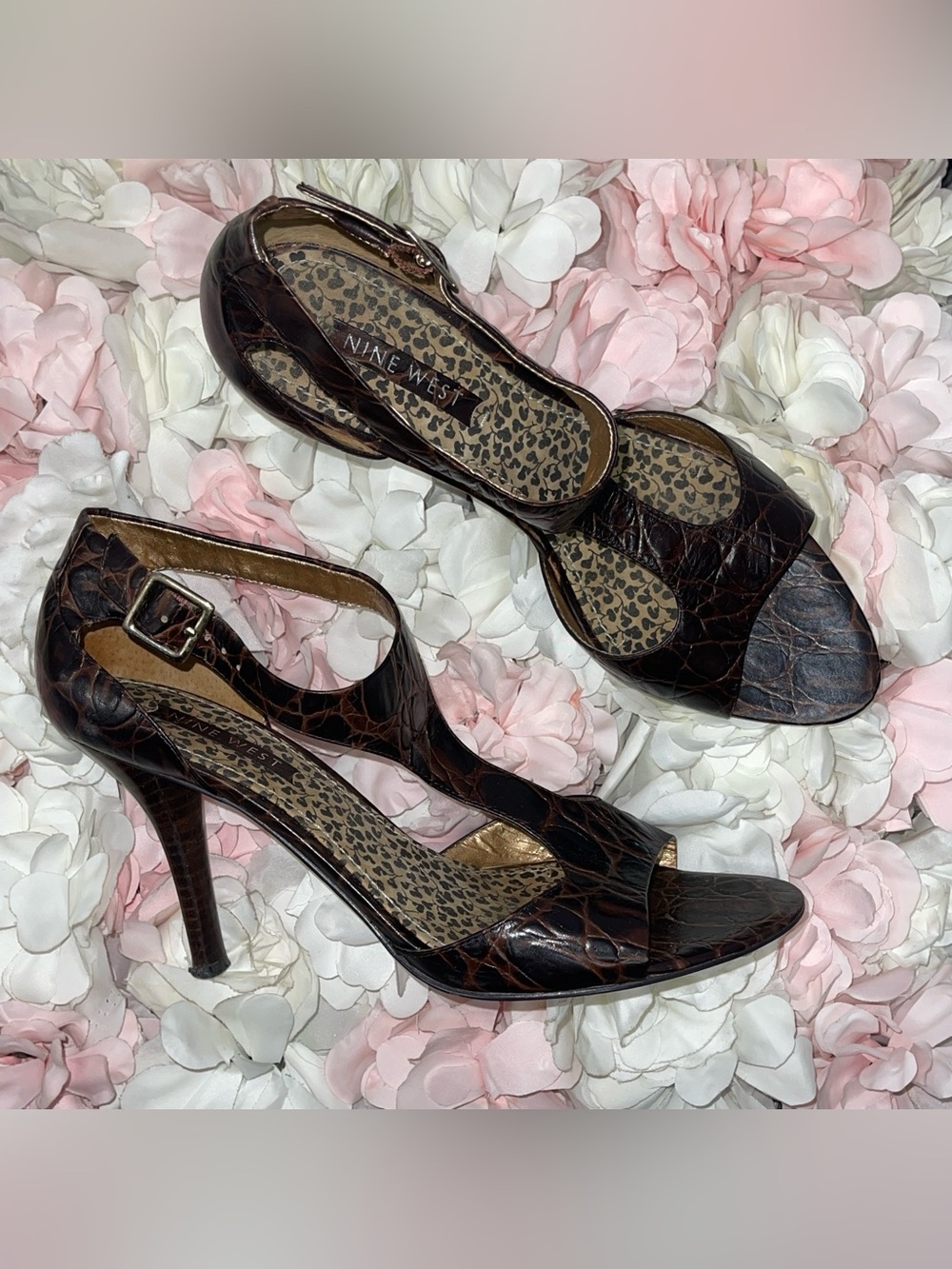 Nine West Dark Brown Croc-Embossed Open-Toe Heels